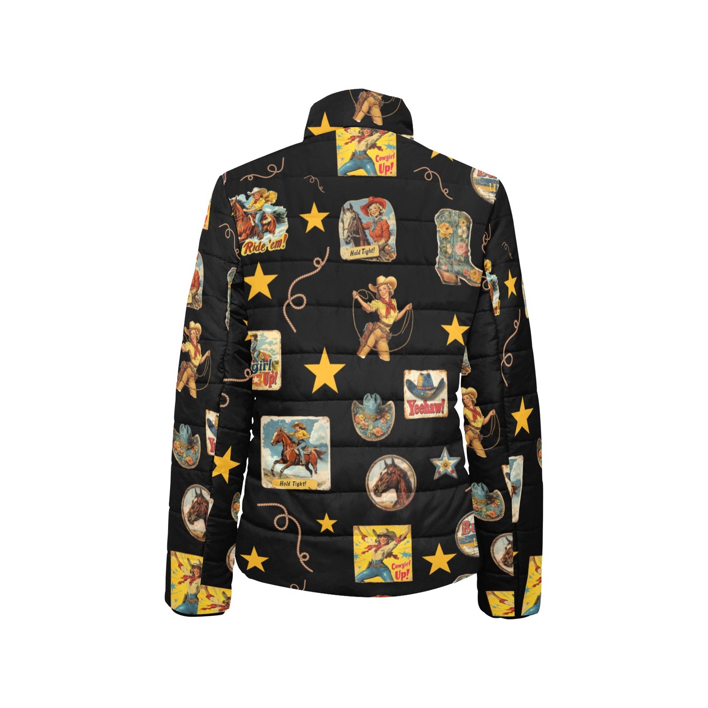 Vintage Cowgirl Collage Western Puffy Jacket