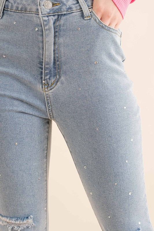 Studded Rhinestone Distressed Denim Jeans Black or Pink