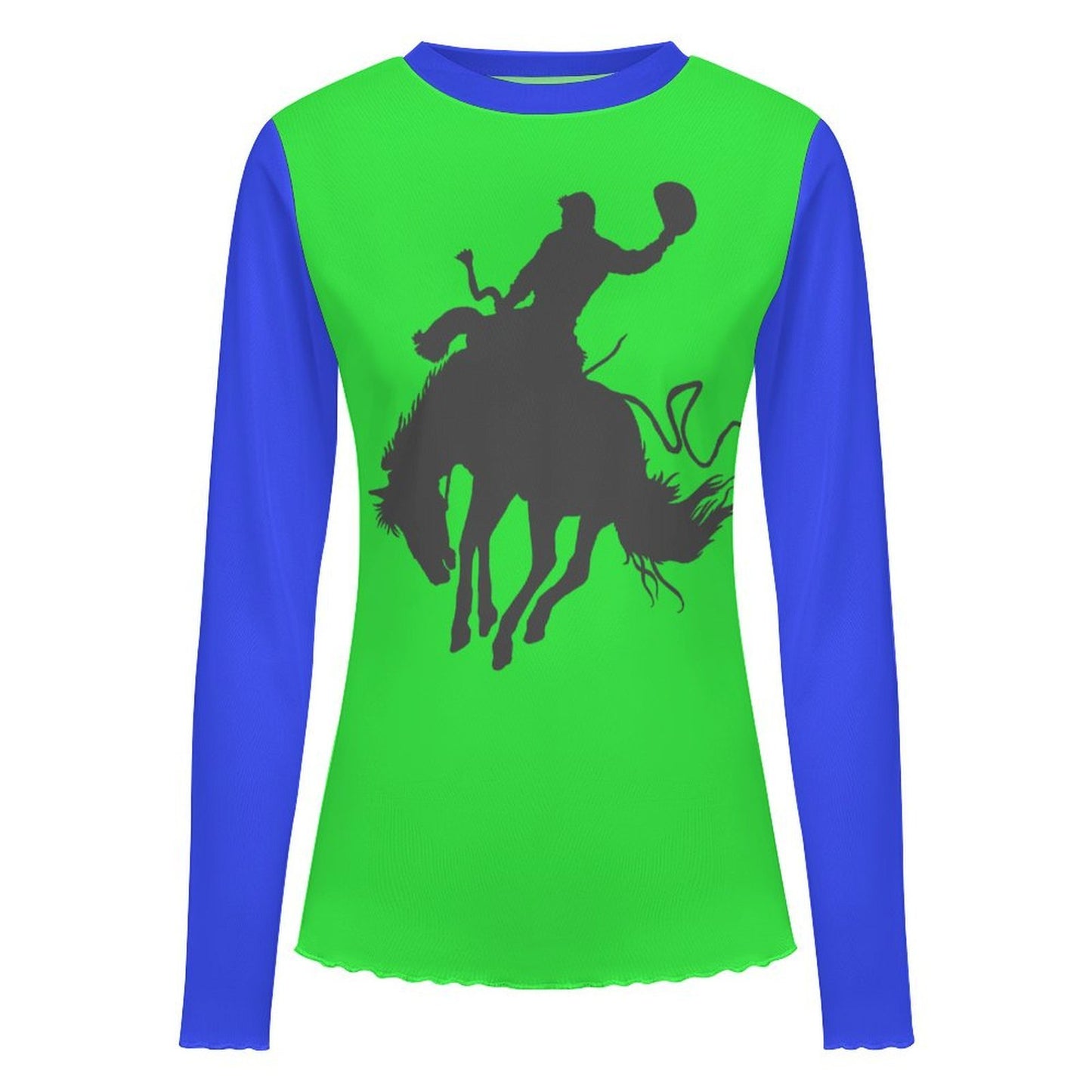 Baha Ranch Green Blue Rodeo Bronc Long Sleeve Mesh Top