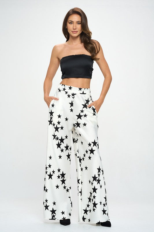 Silky Satin Star Print Pants with Side Pocket with Stretch