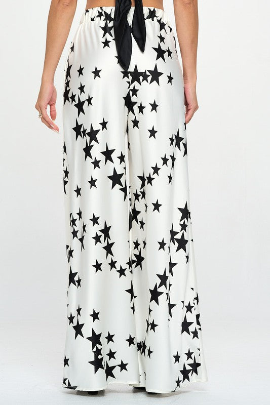Silky Satin Star Print Pants with Side Pocket with Stretch