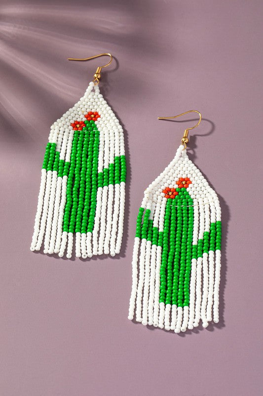 Cactus with flowers seed bead earrings