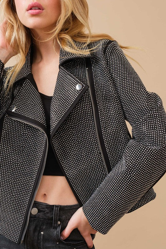 Crystal Studded Stretch Zip Up Moto Jacket choice of colors