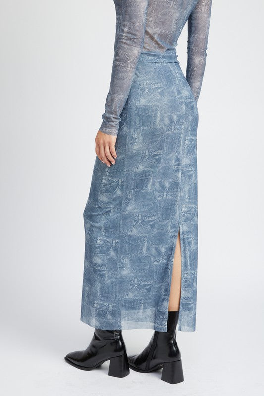 Denim Print Mesh Maxi Skirt