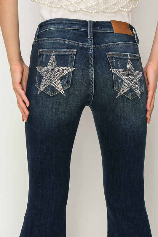 Rhinestone Star Denim Bell Bottom Jeans  32-33" inseam