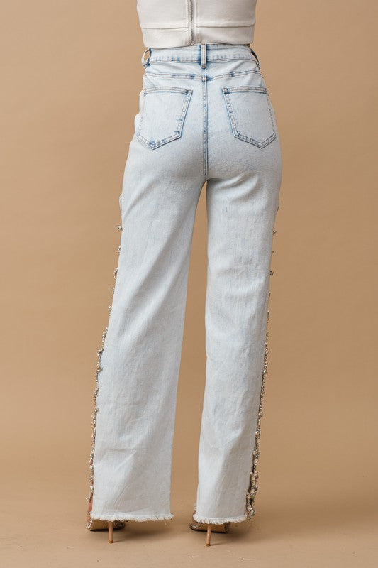 Cut Out At Side Rhinestone Trim Stretch Denim Jeans