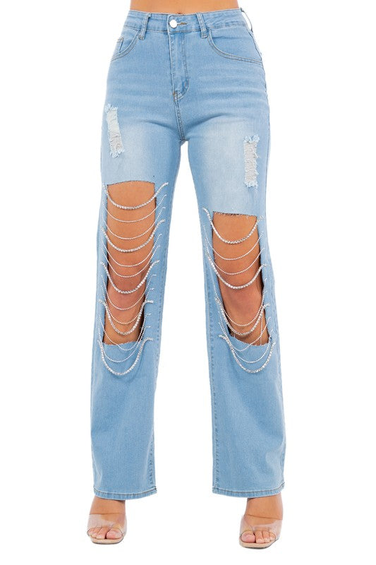 Rhinestone Chain Boyfriend Style Jeans choice of colors