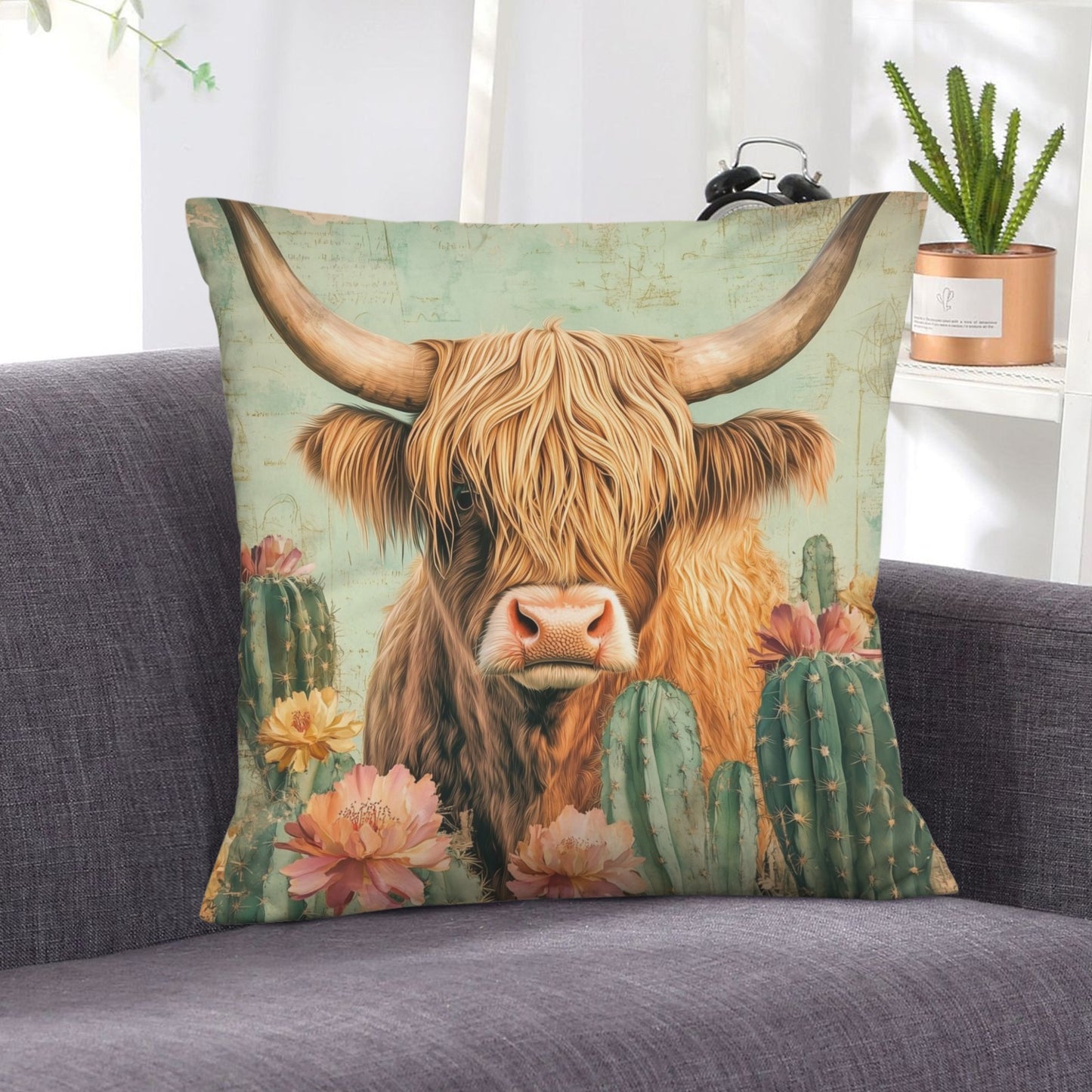 Baha Ranch Cactus Highland Velvety Soft Throw Pillow Case Made in America