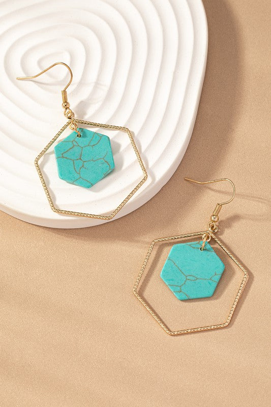 Hexagon hoop and stone drop earrings choice of colors