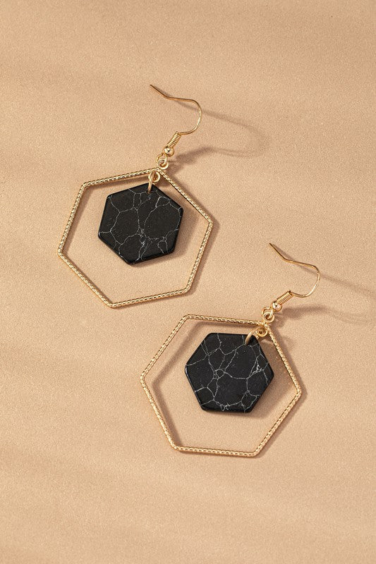 Hexagon hoop and stone drop earrings choice of colors