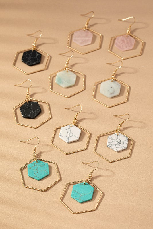 Hexagon hoop and stone drop earrings choice of colors