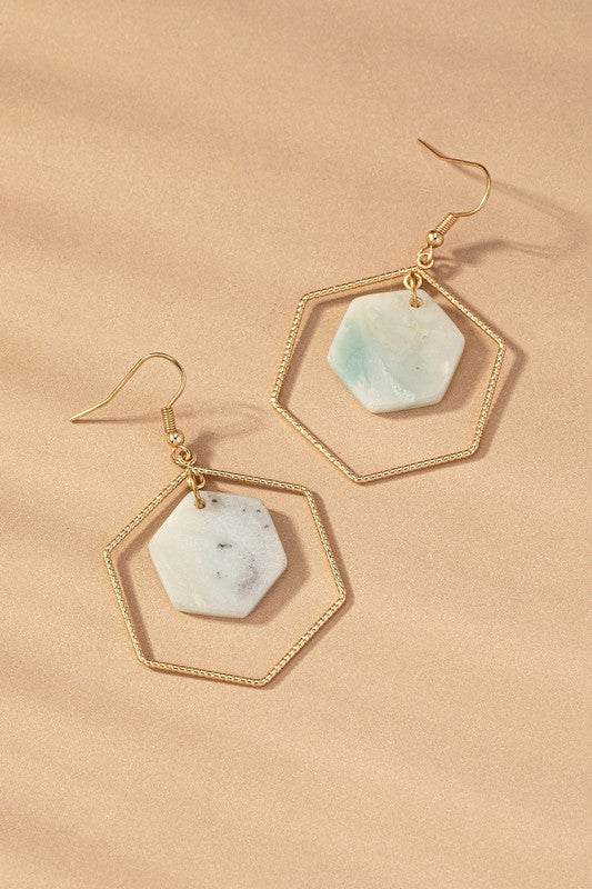 Hexagon hoop and stone drop earrings choice of colors