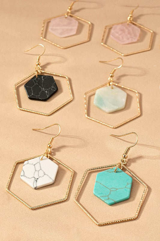 Hexagon hoop and stone drop earrings choice of colors