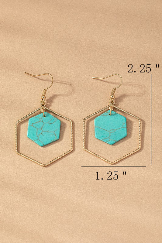 Hexagon hoop and stone drop earrings choice of colors