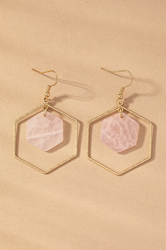 Hexagon hoop and stone drop earrings choice of colors