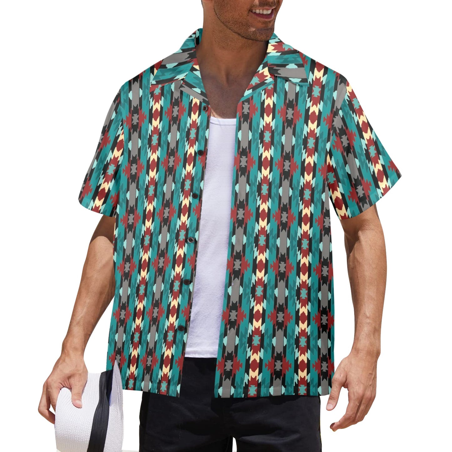 Baha Ranch Teal Aztec Hawaiian Shirt Made in America