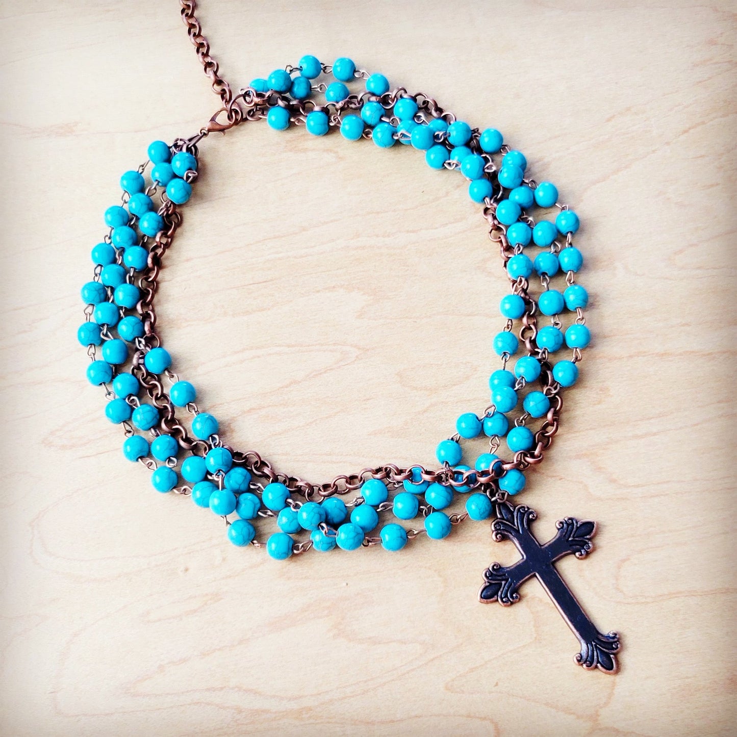 The Jewelry Junkie Blue Turquoise Beaded Collar Necklace w/ Cross Pendant 260y