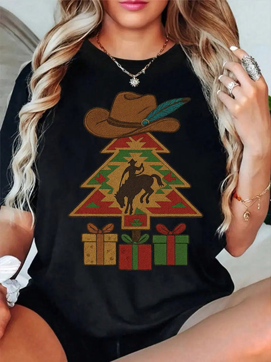 Western Faux Embroidered Cowboy Christmas Tree Bronc Rider Shirt – Graphic Tee, Long Sleeve & Crewneck