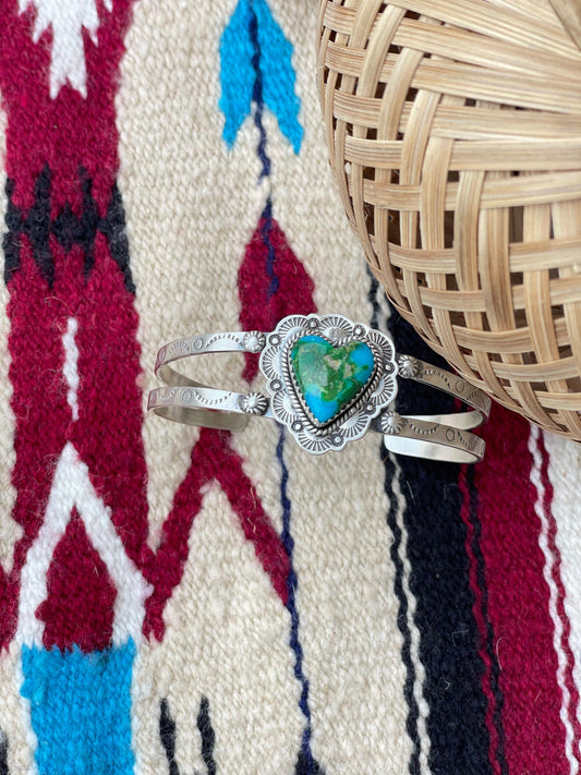 Handmade Sterling Silver, Sonoran Mountain Turquiose Adjustable Heart Cuff Bracelet