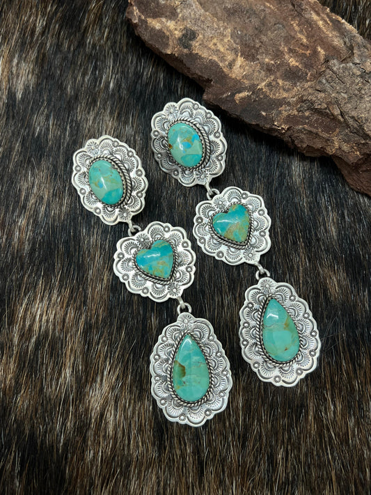 Handmade Sterling Silver Kingman Turquoise Heart Post Dangle Earrings with Signed Nizhoni