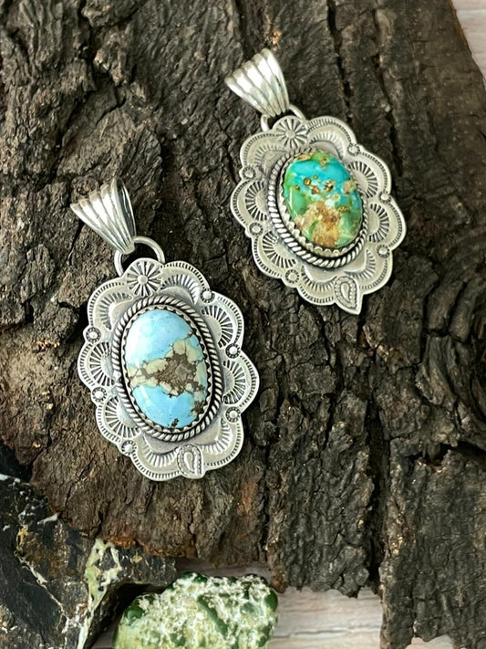 Handmade Sterling Silver Sonoran Mountain Turquoise, Golden Hills Turquoise Pendant " Signed Nizhoni"