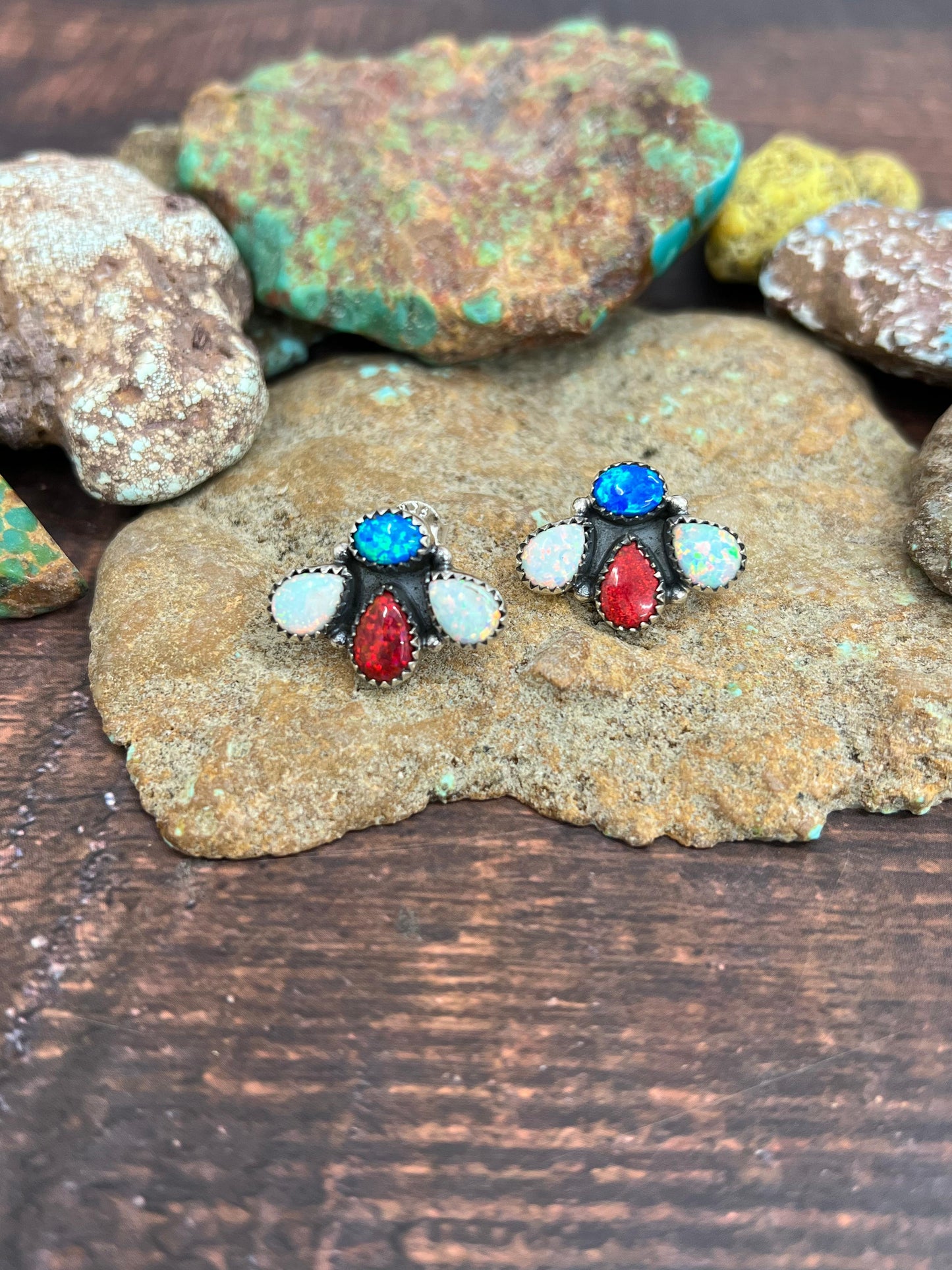 ** 4TH OF JULY ** Handmade Sterling Silver Synthetic Opal Post Earrings with Signed Nizhoni