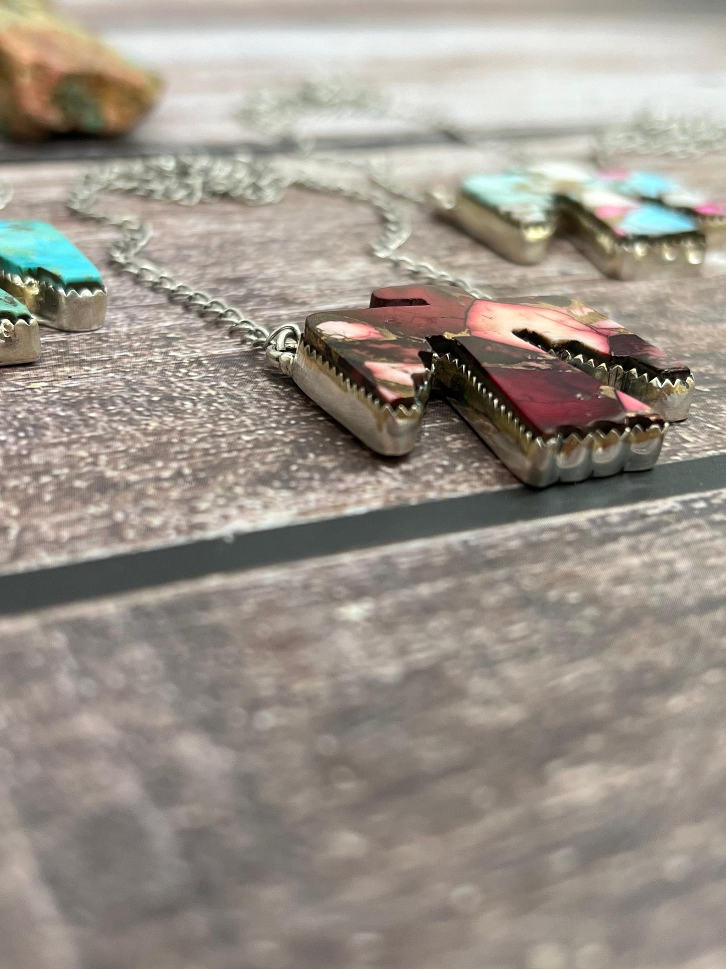 Handmade Sterling Silver Multi Stones Thunderbird Necklace with Signed Nizhoni