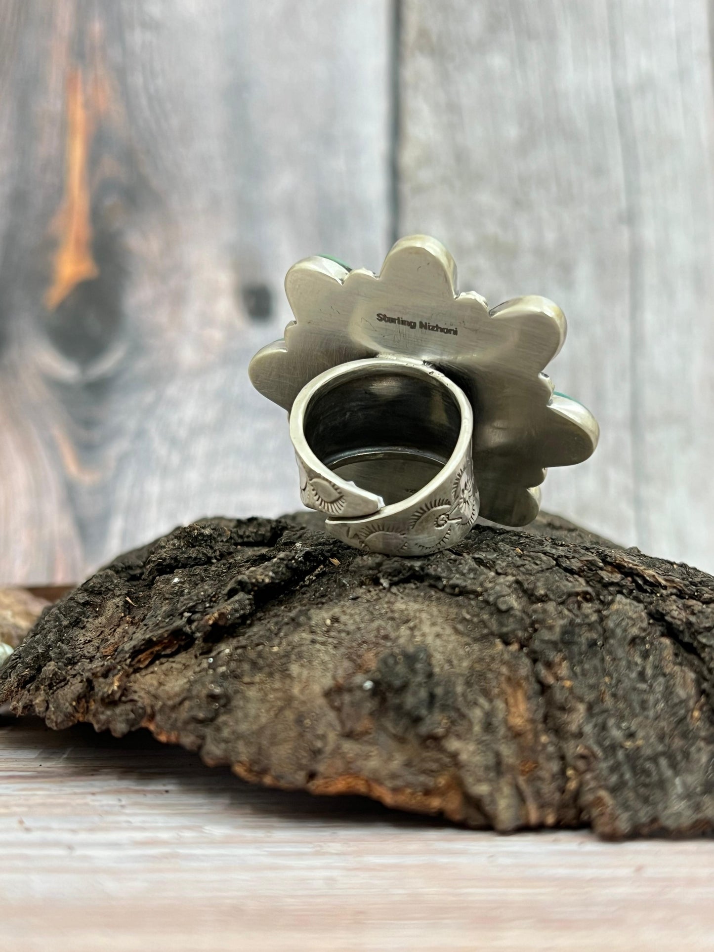 Handmade Sterling Silver Kingman Turquoise Adjustable Ring with Signed Nizhoni