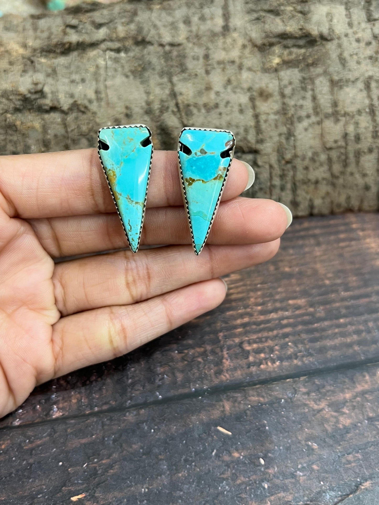 Handmade Sterling Silver Kingman Turquoise Post Earrings with Signed Nizhoni