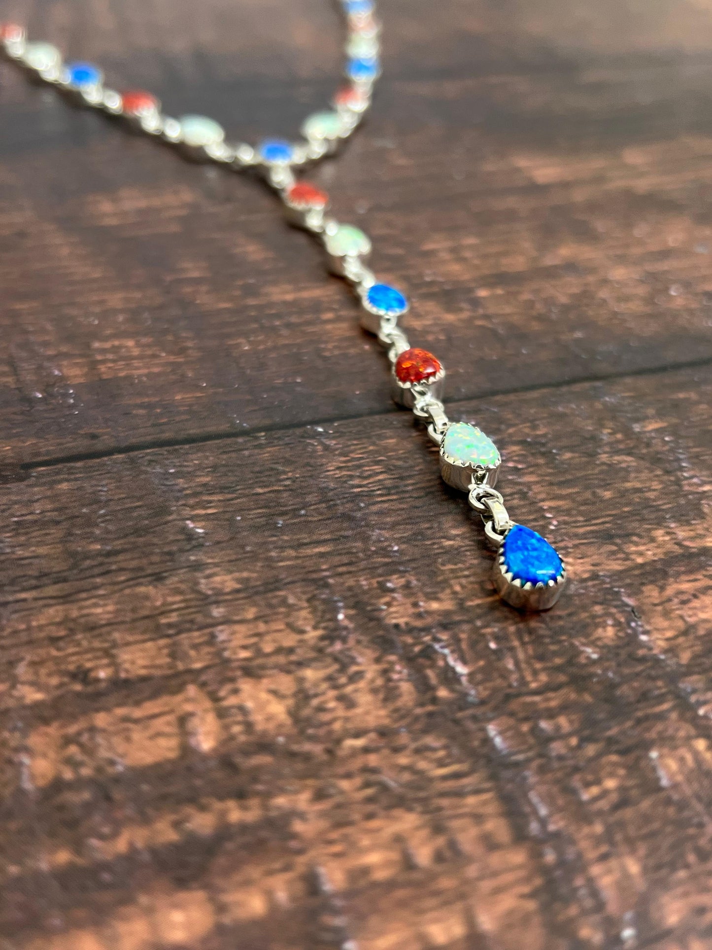 ** 4TH OF JULY ** Handmade Sterling Silver Synthetic Opal Necklace with Signed Nizhoni