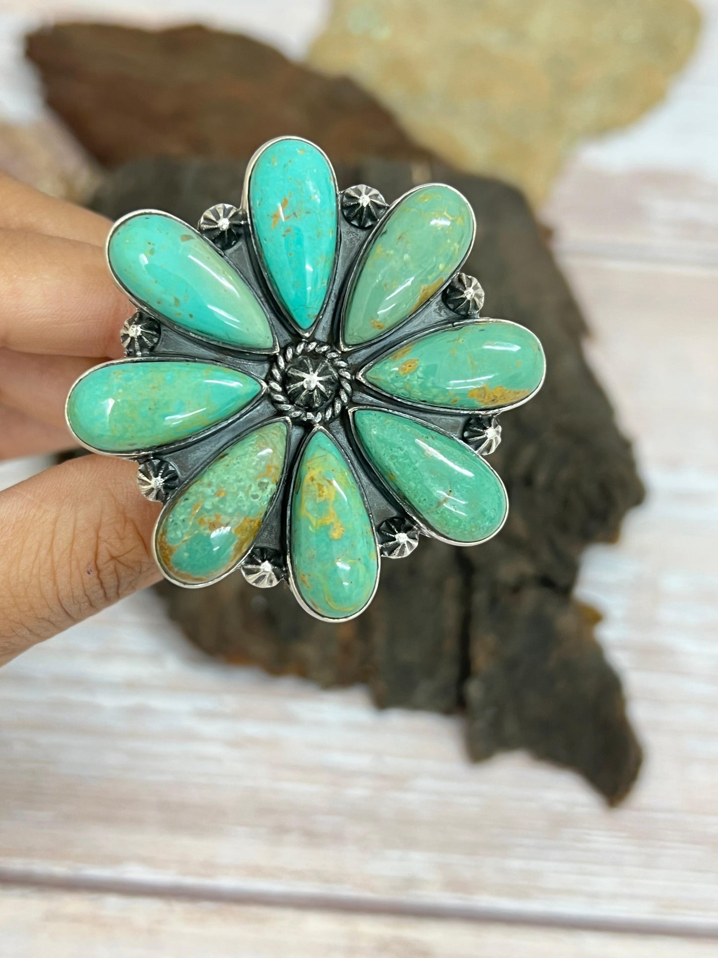 Handmade Sterling Silver Kingman Turquoise Adjustable Ring with Signed Nizhoni