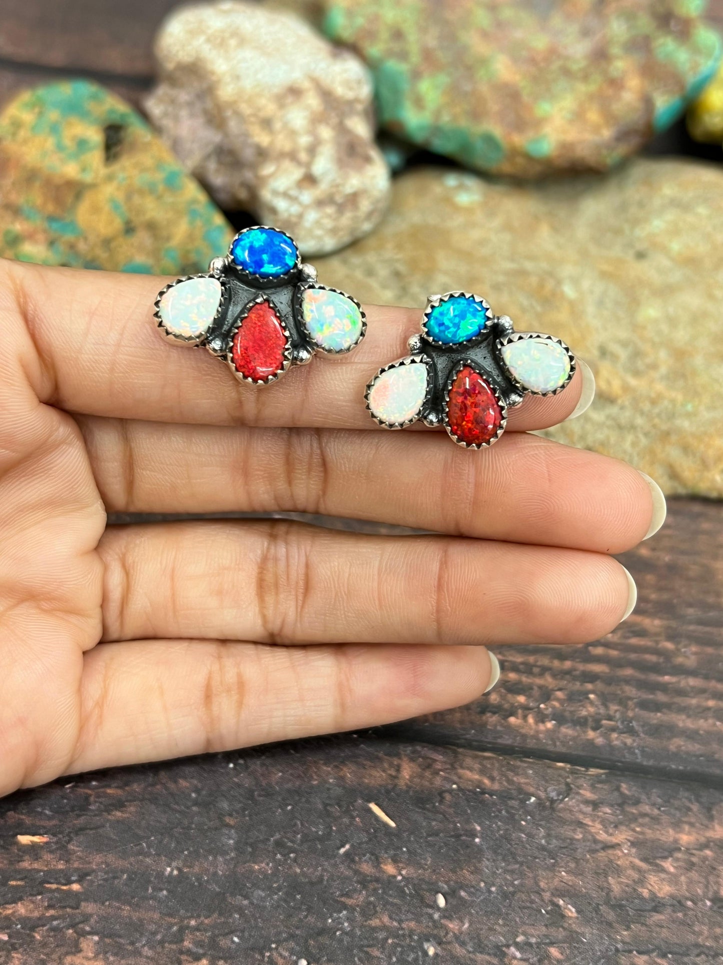 ** 4TH OF JULY ** Handmade Sterling Silver Synthetic Opal Post Earrings with Signed Nizhoni