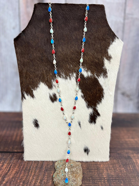 ** 4TH OF JULY ** Handmade Sterling Silver Synthetic Opal Necklace with Signed Nizhoni