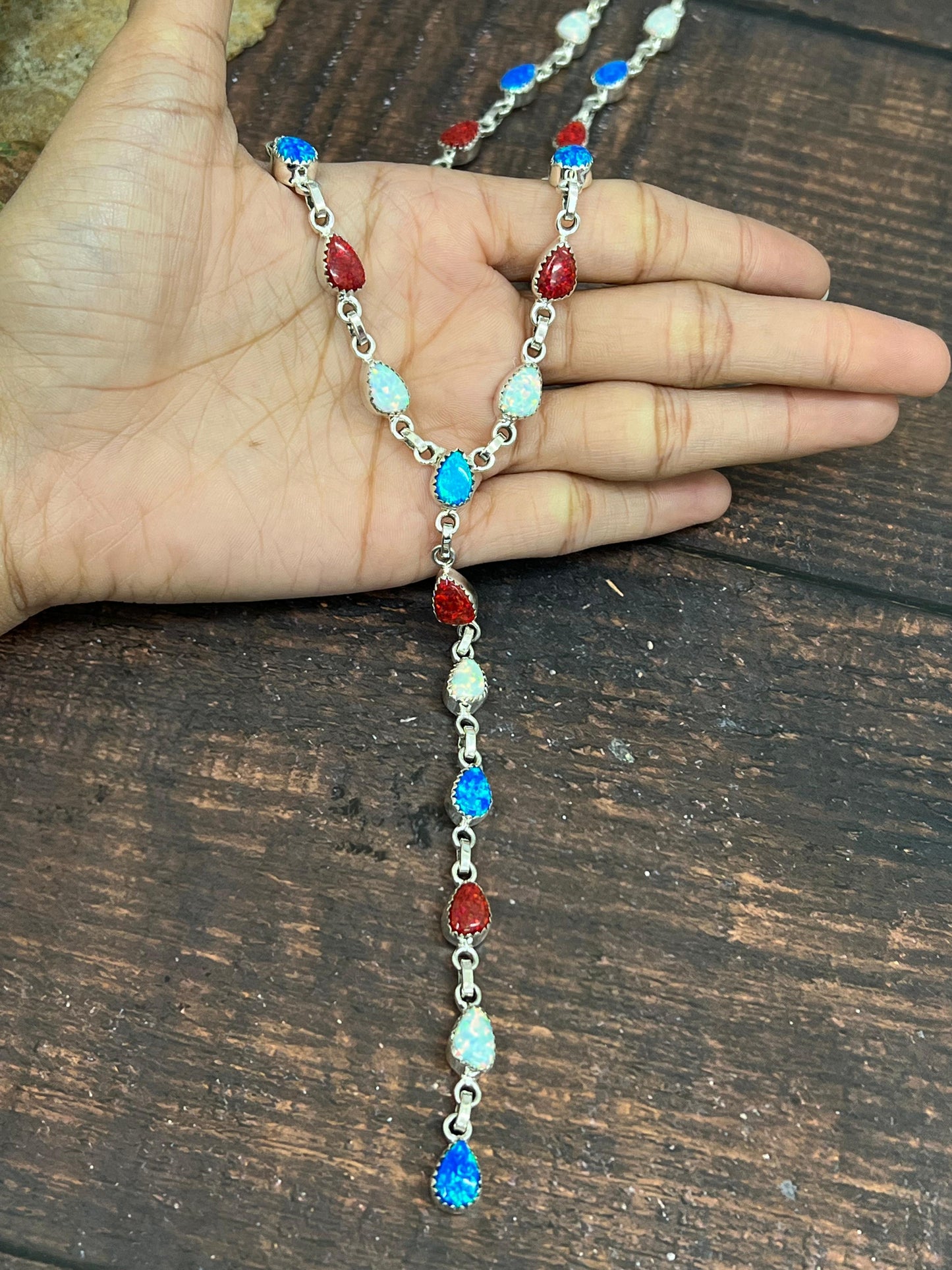 ** 4TH OF JULY ** Handmade Sterling Silver Synthetic Opal Necklace with Signed Nizhoni