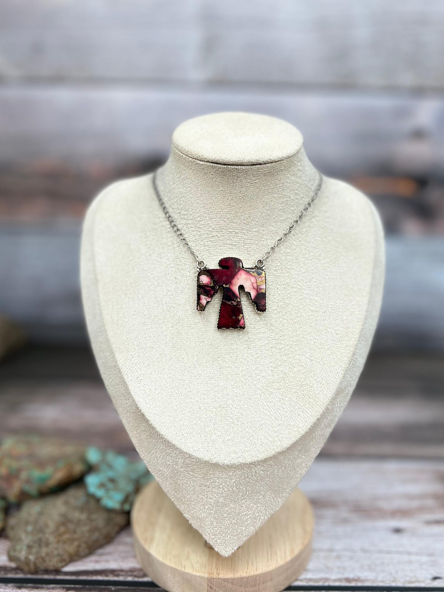 Handmade Sterling Silver Multi Stones Thunderbird Necklace with Signed Nizhoni