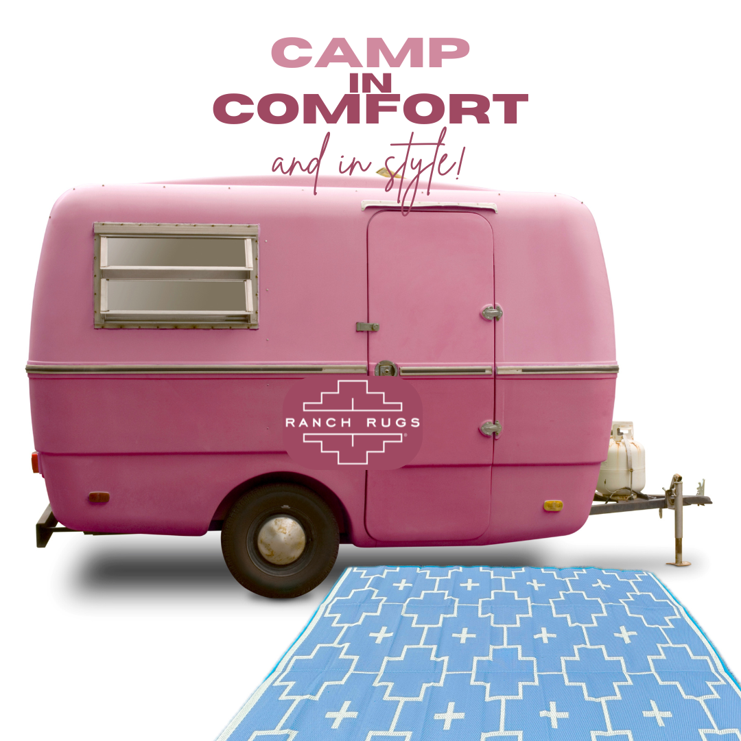 BLUE + IVORY - 6ft x 9ft - RANCH RUGS  -LAJITAS DESIGN- Aztec Outdoor Floor Covering