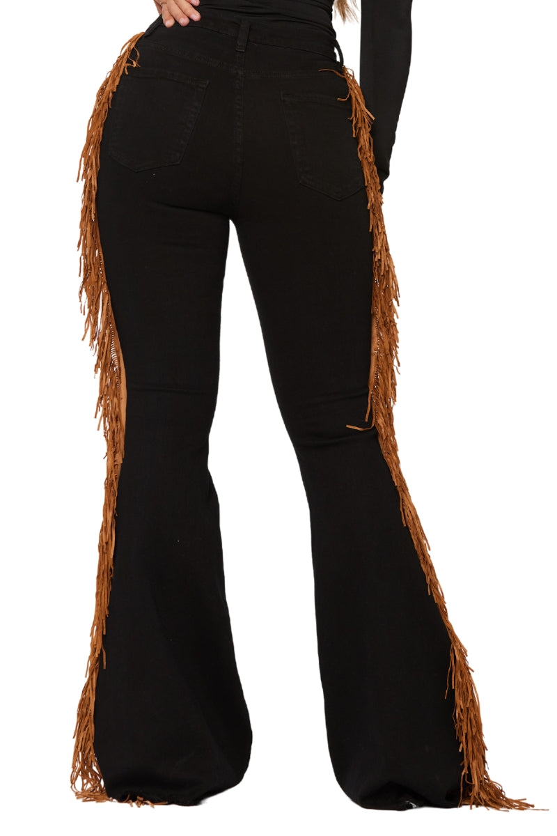 GJG Fringe Bell Bottom Jean in Black Denim