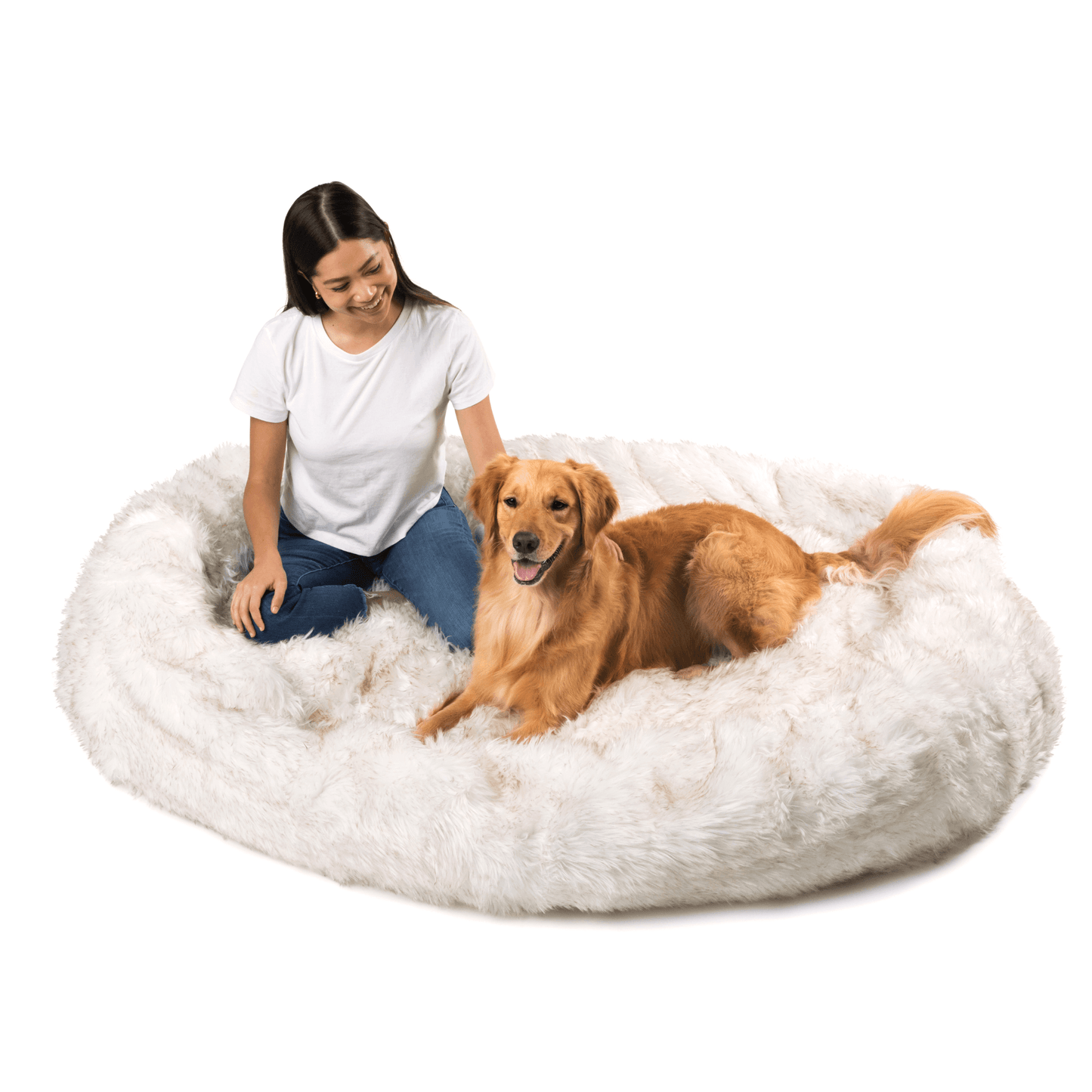 PupCloud™ Human-Size Dog Bed + Matching Waterproof Blanket Bundle - White with Brown Accents