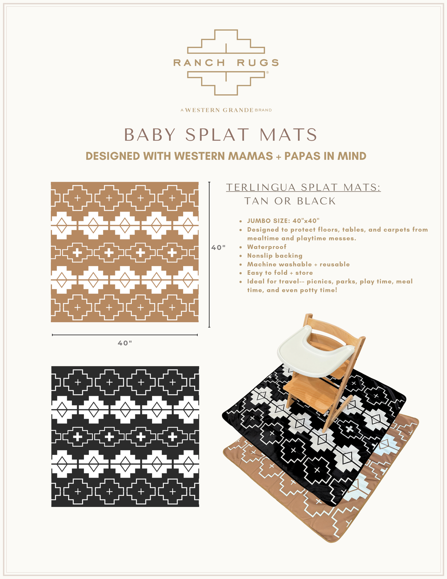 Western Grande New Splat Mat - Black - for High Chairs + Play Time Messes