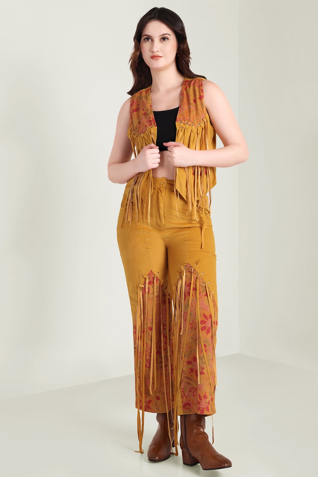 Myra The Jolene Fringe Two Piece Set in Saddle Gold
