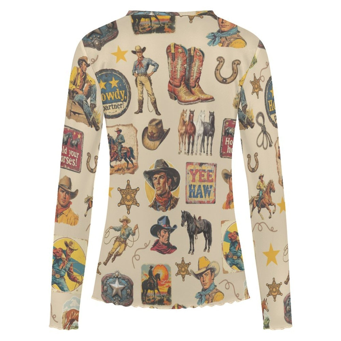 Baha Ranch Vintage Cowboy Collage Long Sleeve Mesh Top