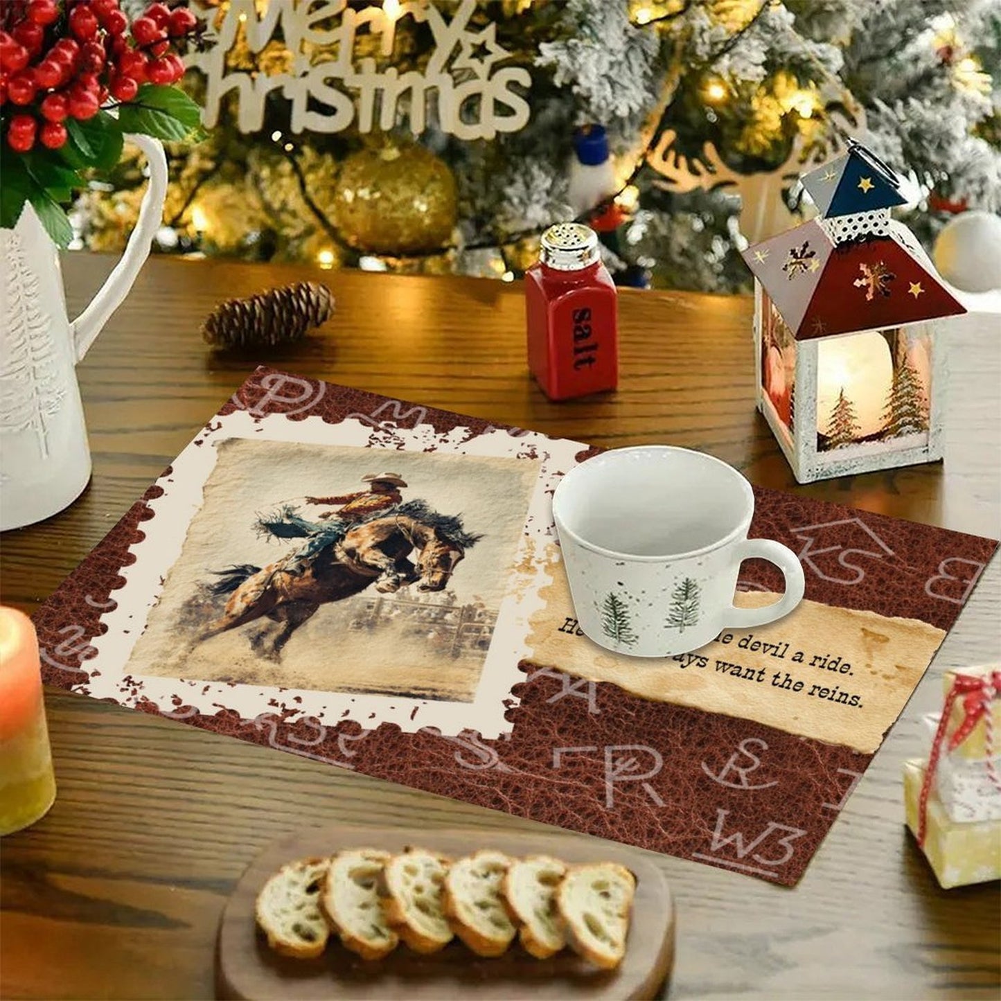 7 Pieces Rodeo Phrases Cowboy Table Runner and Placemats Set Made in USA