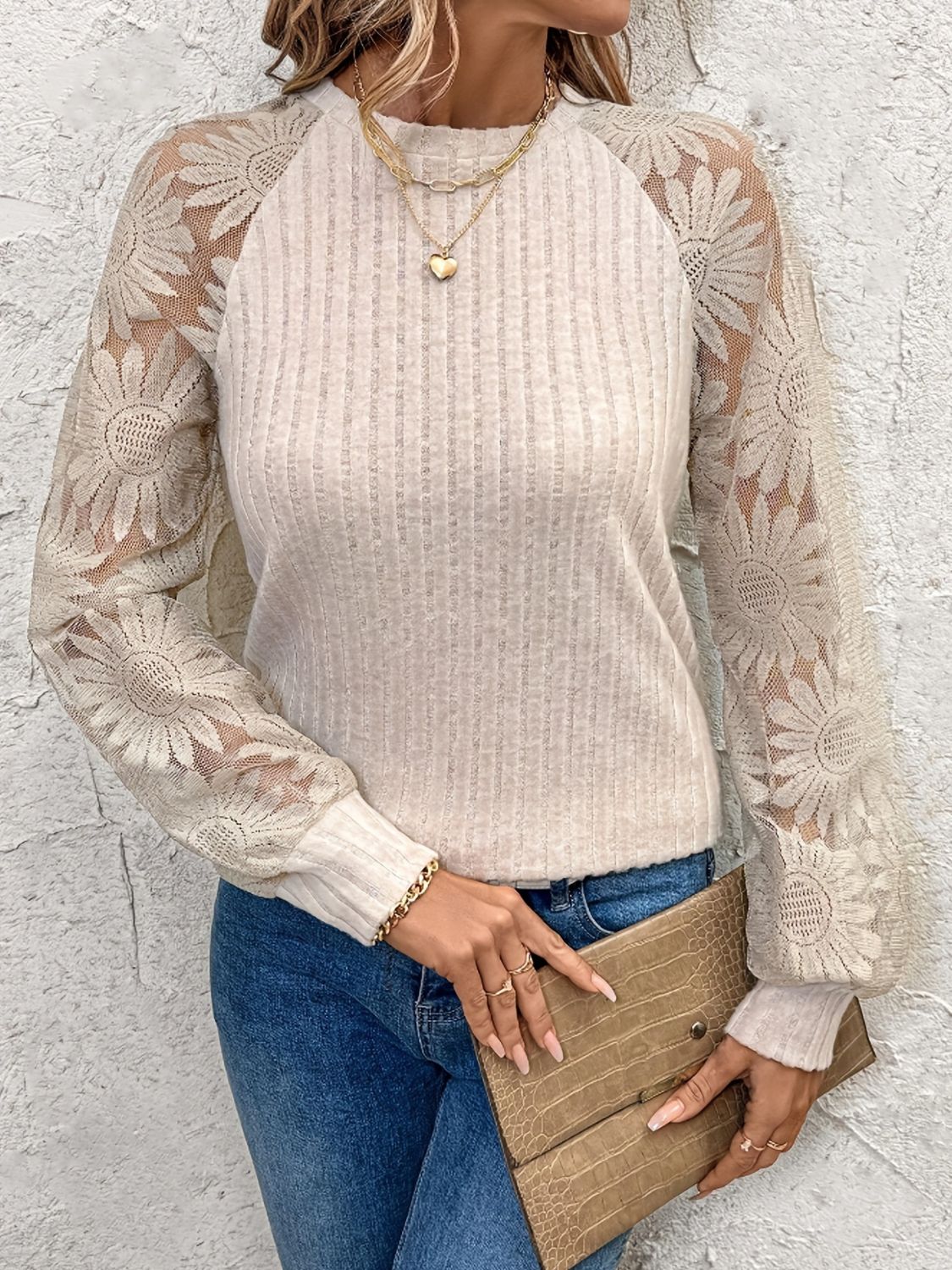 Floral Lace Sleeve Knit Top