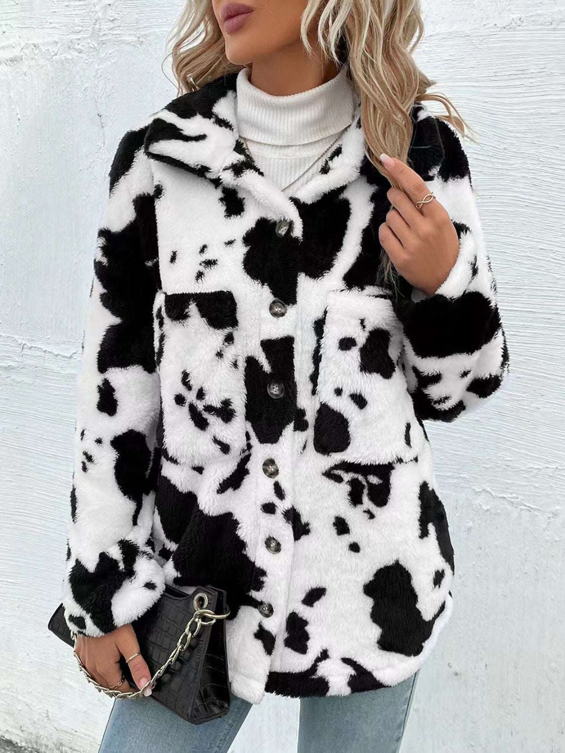 Cow Print Button Up Fuzzy Jacket choice of colors