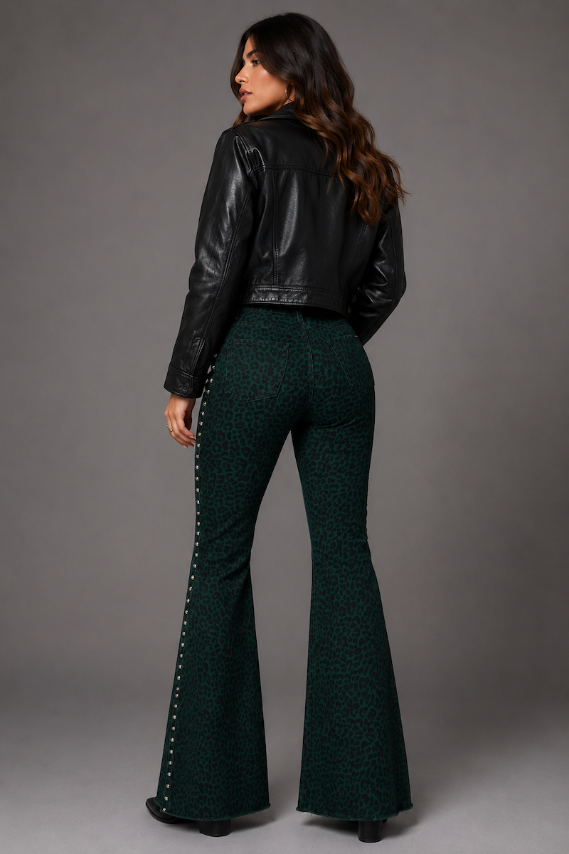 GJG Studded Bell Bottom Jean in Leopard Green