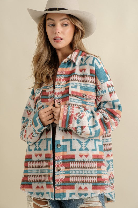 Jacksonhole Frayed Aztec Western Shacket choice of colors