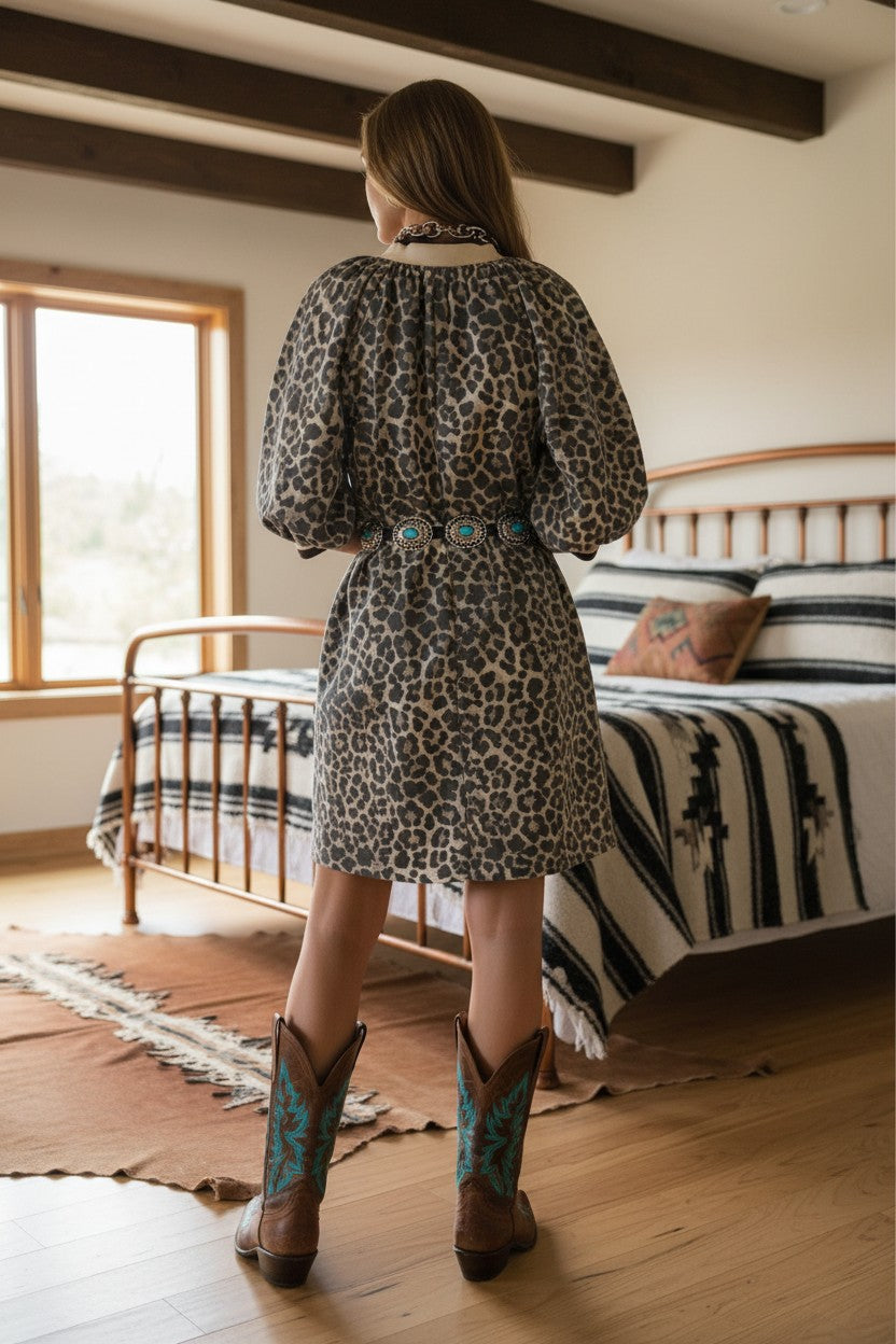 Umgee Leopard Print Quarter Zip Puff Sleeve Mini Dress