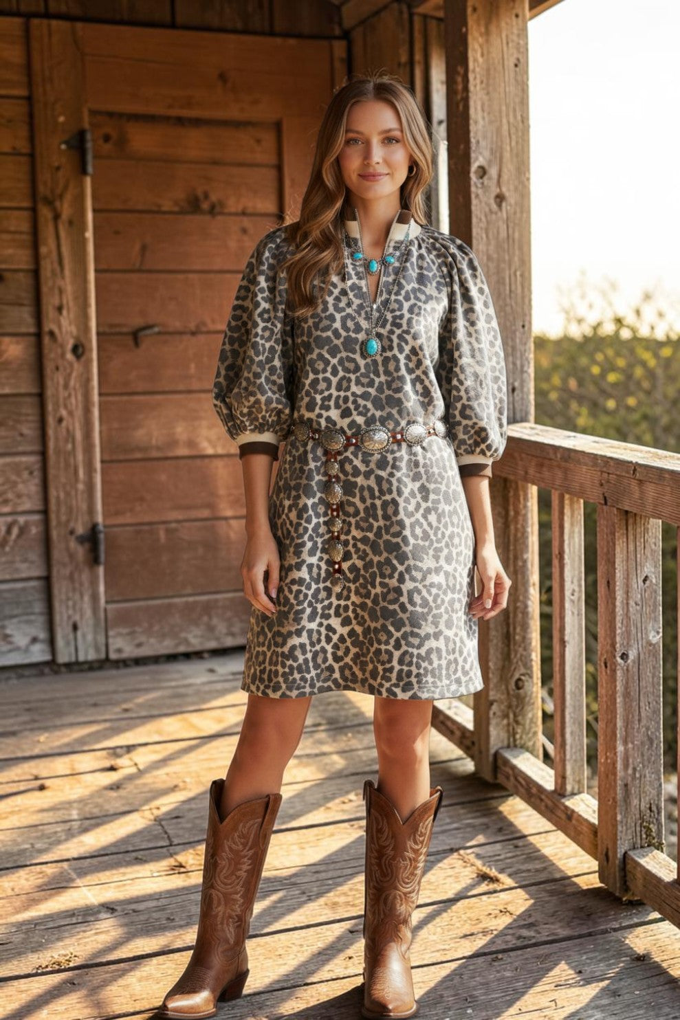 Umgee Leopard Print Quarter Zip Puff Sleeve Mini Dress
