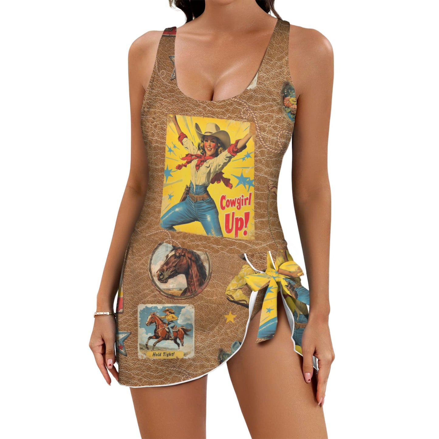 Vintage Cowgirl Collage Skirted Swim Suit