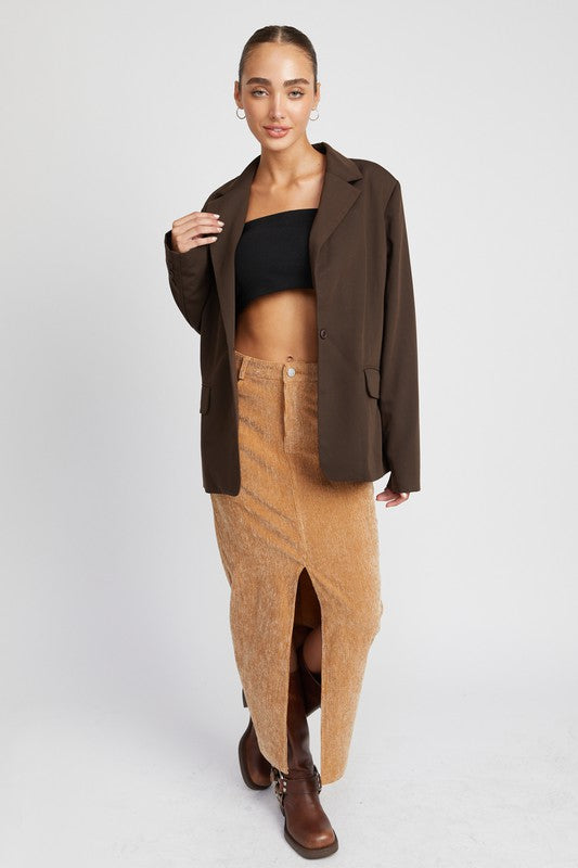 Corduroy Mid Skirt with Front Slit
